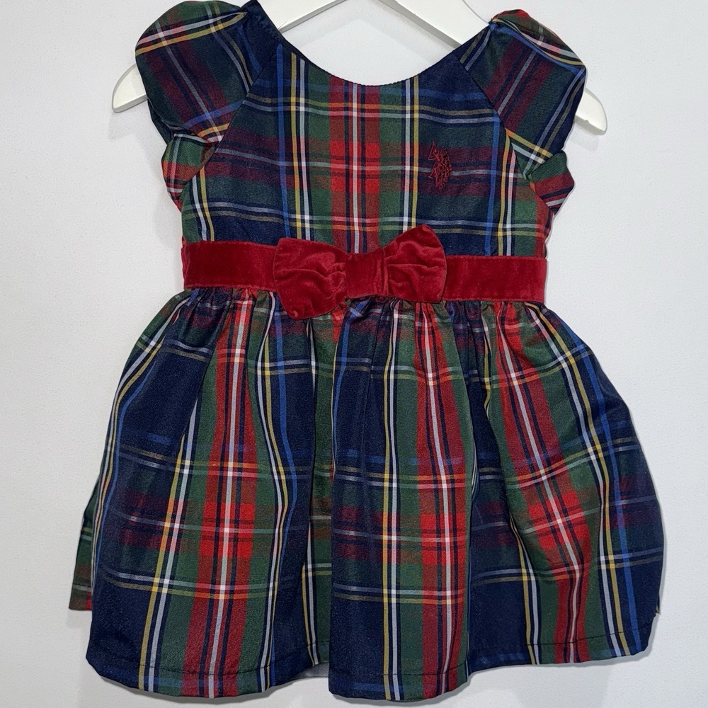 U.S. Polo Assn. Girls Size 6-9 Months Red Blue Plaid Dress - Christmas Holidays